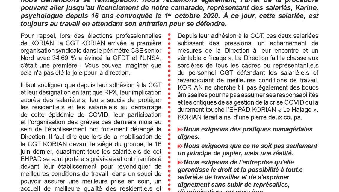 HALTE  AUX  DISCRIMINATIONS  CONTRE  LA  CGT KORIAN : RASSEMBLEMENT DEVANT KORIAN, Rue du Dr Georges Schultz, 59860 Bruay-sur-l&rsquo;Escaut le 1er OCTOBRE 2020  à partir de 12H. – Le blog des salarié-es de Korian