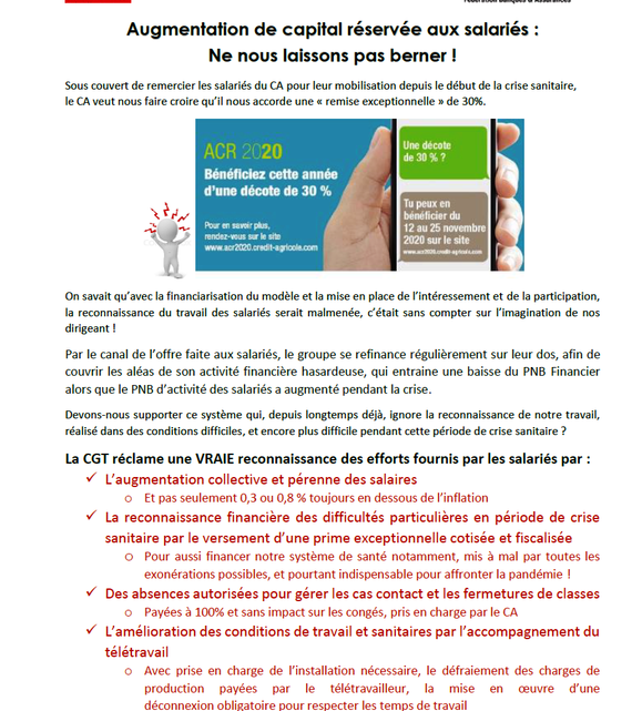 Réservé aux salariés : Augmentation capital CASA – CGT